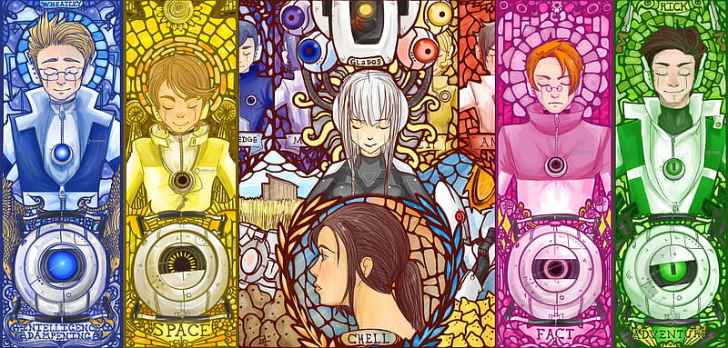 portal, mecha, stained glass, companion cube, HD wallpaper