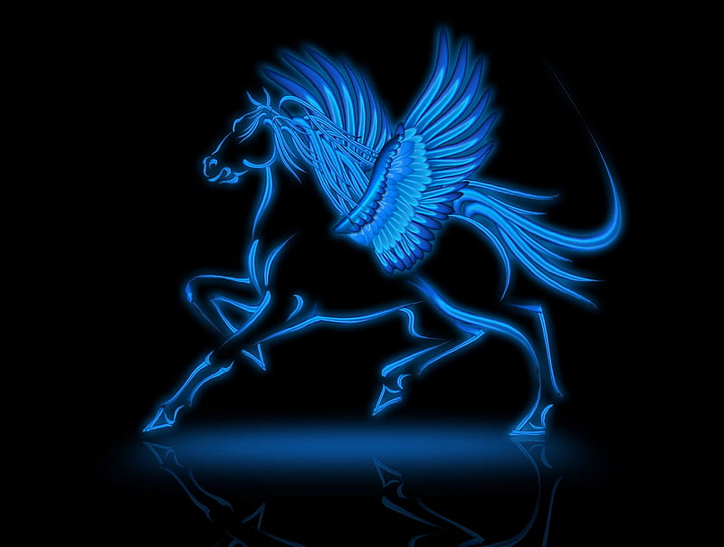 Pegasus - Horse, wings, shine, colors, black, desenho, bonito, horse, abstract, pegasus, monument, 3d, splendor, heaven, graphik, blue, HD wallpaper