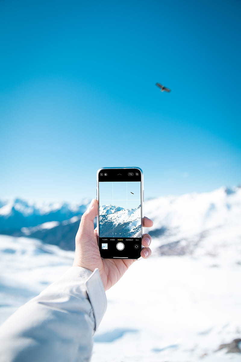 phone, hand, snapshot, mountains, snow, winter, HD phone wallpaper