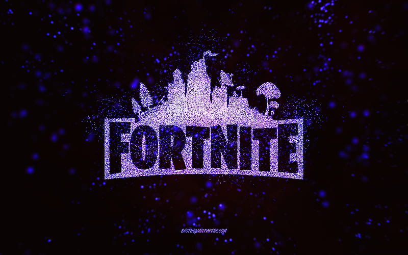 Fortnite glitter logo, black background, Fortnite logo, purple glitter art, Fortnite, creative art, Fortnite purple glitter logo, HD wallpaper