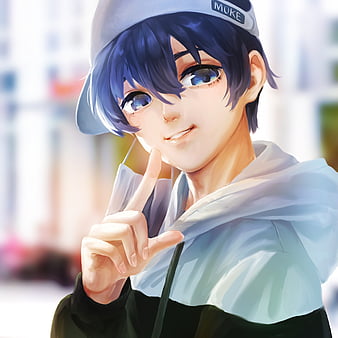 unusualwasp105 anime boy wearing blue sweater with hoodie and standing  outside in a sunny field with sparkles around him