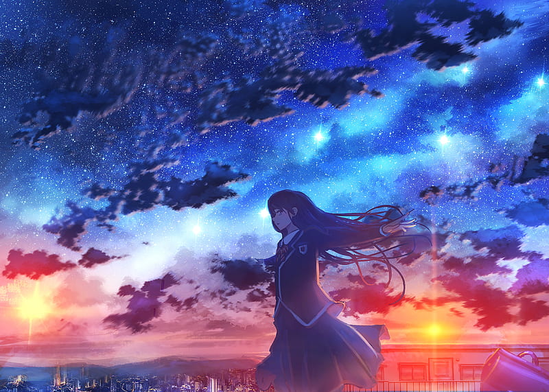 anime school girl, sunset, clouds, anime landscape, sky, stars, Anime, HD wallpaper