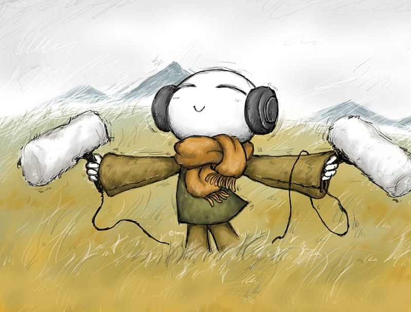 Listening to Natures Music, character, headset, person, scarf, microphones, cartoon, field, HD wallpaper
