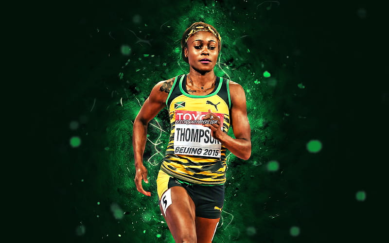 Elaine Thompson Herah, yellow neon lights, jamaican former sprinter, athlete, Elaine Thompson, athletics, creative, Elaine Thompson Herah, HD wallpaper