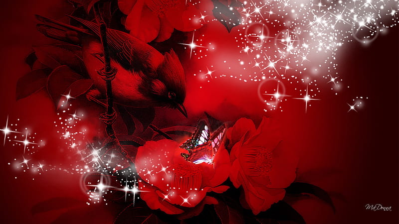 Hiding Behind Red, red, stars, glow, transparent, translucent, sparkles, bird, bubbles, flowers, HD wallpaper