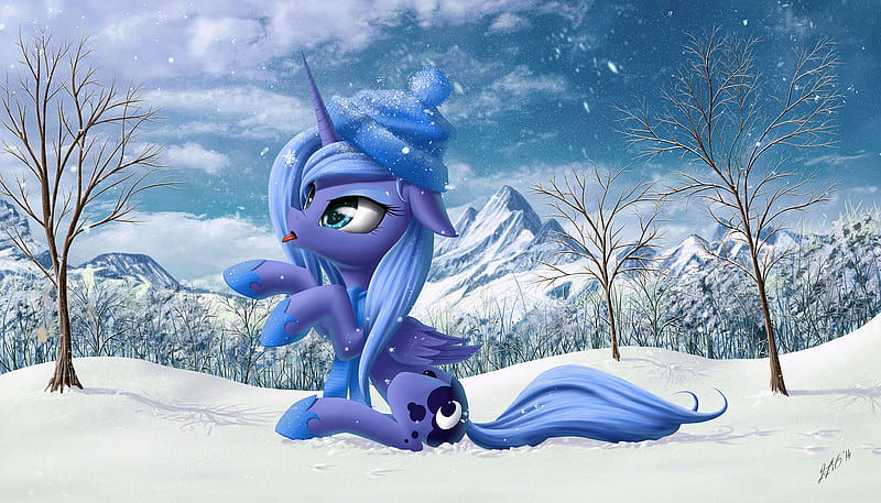 My Little Pony, My Little Pony: Friendship is Magic, Blue Eyes, Cute, Hat, Pony, Princess Luna, Snow, HD wallpaper