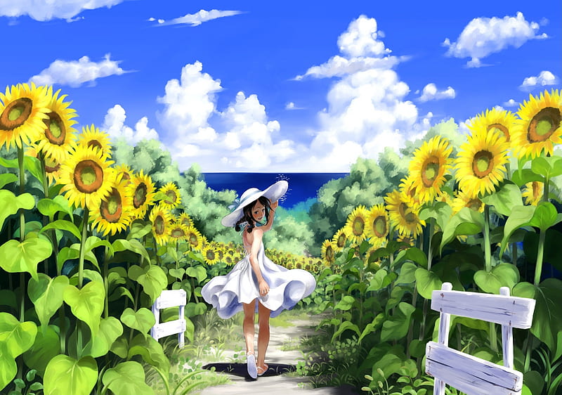 Anime in sunflower garden, girl, anime, flower, garden, sunflower, HD  wallpaper | Peakpx