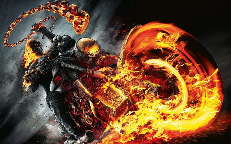Ghost Rider, skeleton, wipe, headlights, clouds, motorcycle, wheels, flame, ghost, rider, entertainment, nature, movies, face, night, HD wallpaper