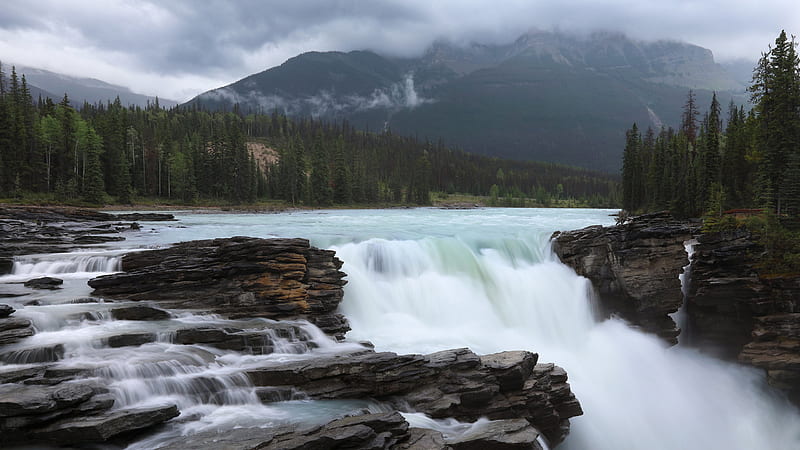 Waterfall River With Landscape Of Fog Mountains In Alberta Athabasca Canada Jasper National Park Nature, HD wallpaper