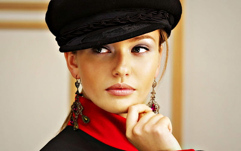 Kristina Romanova, red, girl, model, black, blonde, woman, hat, HD wallpaper