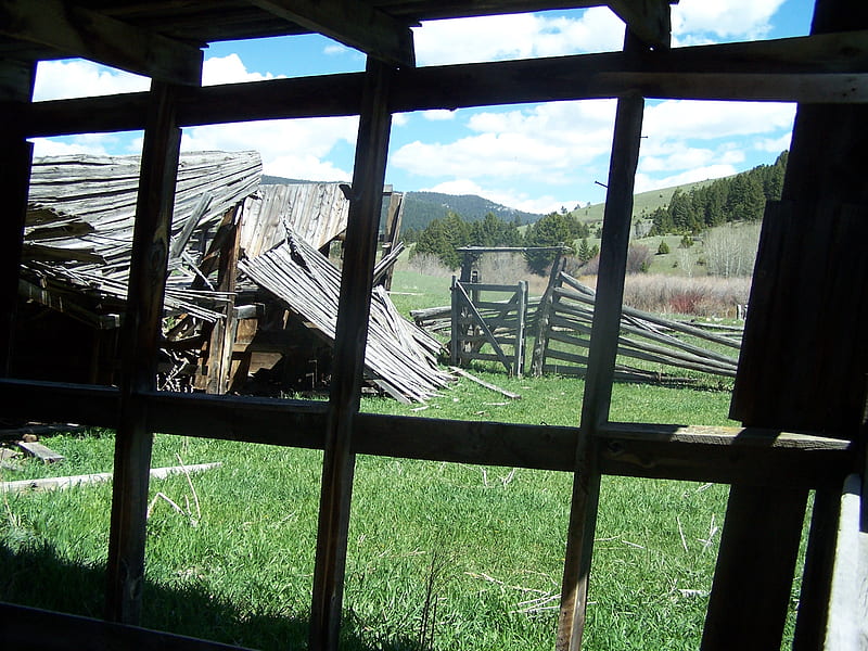Window of Time, fence, hills, house, window, homestead, grass, sky clouds, HD wallpaper