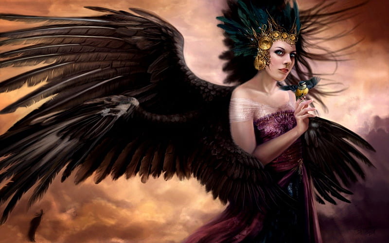 Black angel, red, art, wings, angel, black, yellow, woman, fantasy, girl, purple, bird, feather, beauty, pink, creature, blue, HD wallpaper