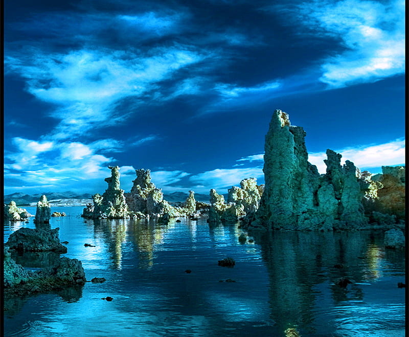 Mono Lake, rock formations, california, clouds, lake, blue, HD wallpaper