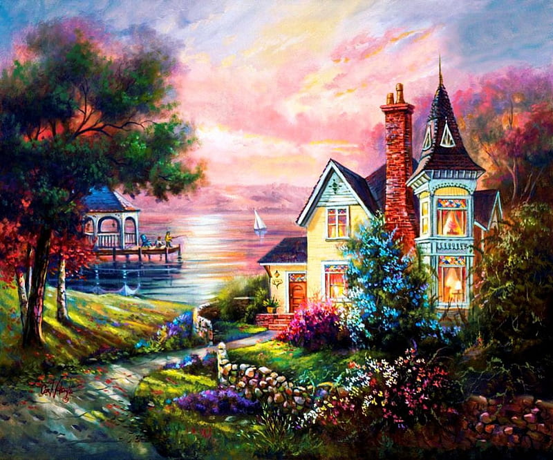 Lakeside Cottage, tree, house, pier, painting, flowers, sunset, gazebo, artwork, HD wallpaper