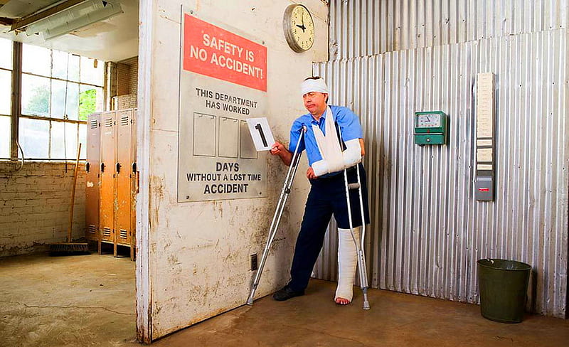Oops, cast, injured man, crutches, safety sign, dressing, number one, workplace, HD wallpaper