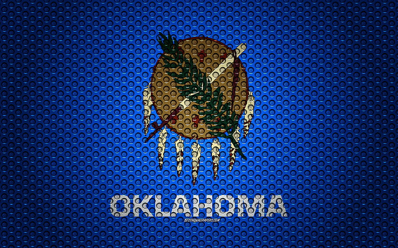 Flag of Oklahoma American state, creative art, metal mesh texture, Oklahoma flag, national symbol, Oklahoma, USA, flags of American states, HD wallpaper