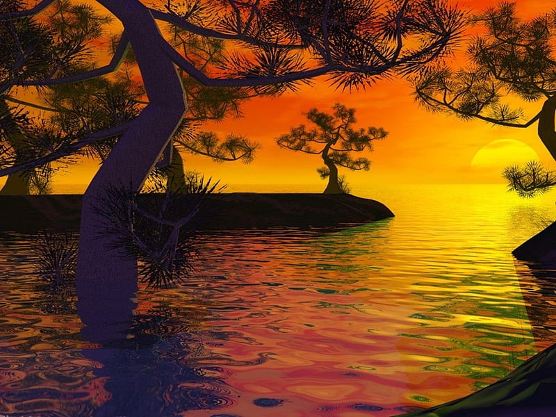 SUMMER SUNSET, forest, ocean, summer, sunset, trees, sky, HD wallpaper SUMMER SUNSET, forest, ocean, summer, sunset, trees, sky, HD wallpaper