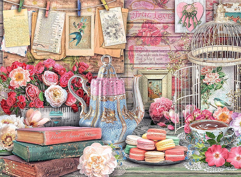 Vintage Tea Party, cookie, cup, flower, pink, tea, vintage, tea party, art, teapot, cage, HD wallpaper
