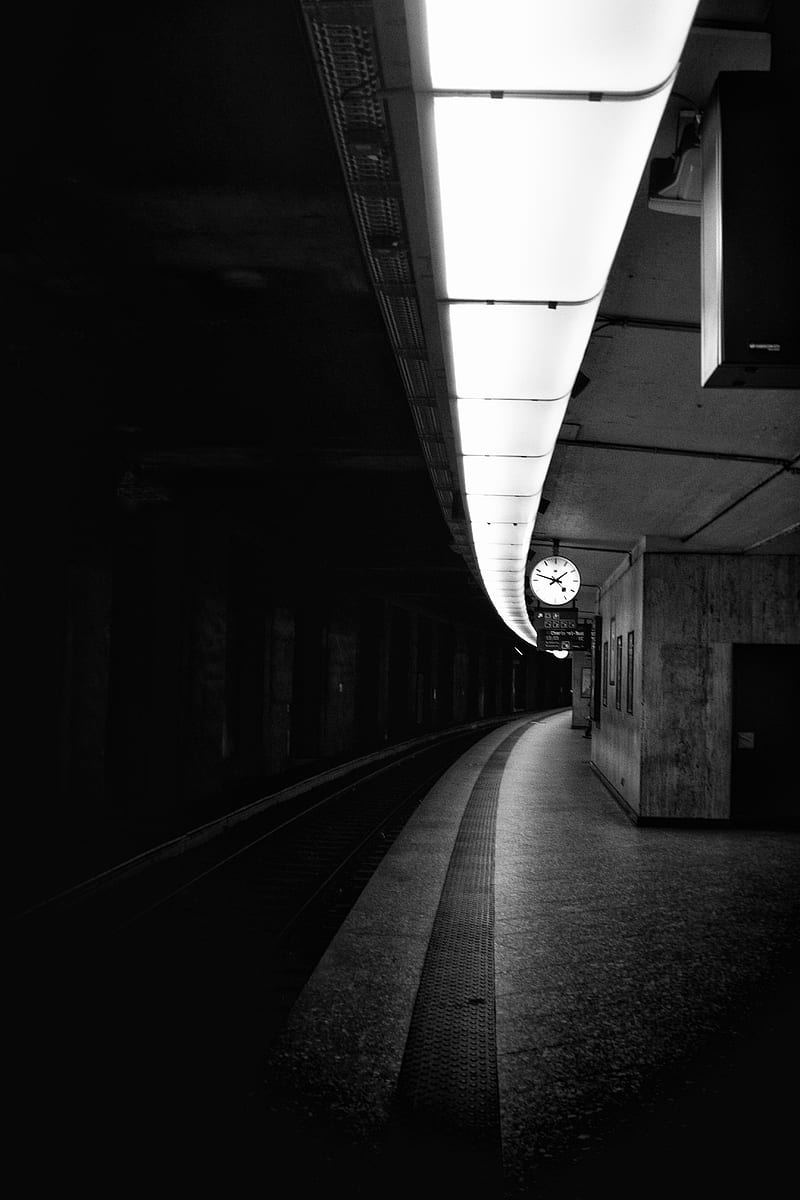 railway, metro, bw, station, clock, underground, HD phone wallpaper