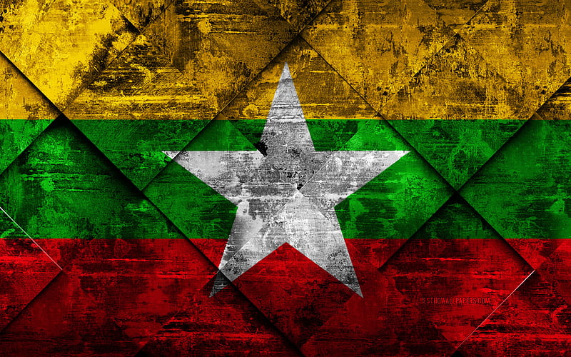 Flag of Myanmar grunge art, rhombus grunge texture, Myanmar flag, Asia, national symbols, Myanmar, creative art, HD wallpaper