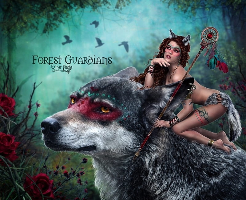 Forest guardians, red, wings, luminos, esther puche art, animal, fantasy, green, girl, lup, estherpucheart, wolf, fairy, HD wallpaper