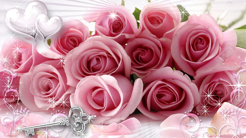 Pink Valentine Special, valentines day, stars, silver key, bouquet, roses, corazones, pink roses, sparkles, HD wallpaper