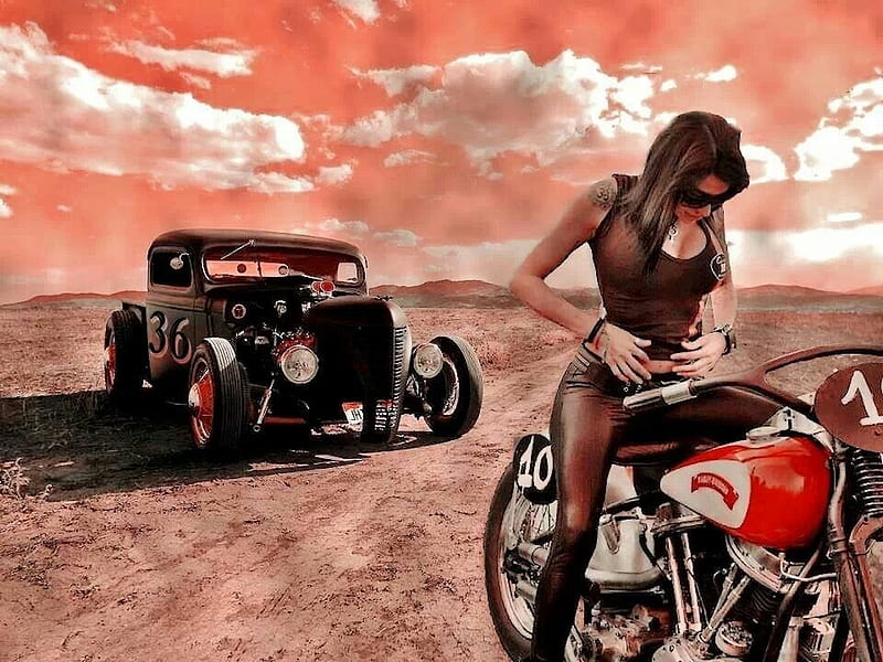 Cool Car & Bike, desert, hot rod, girl, car, motorbike, sky, HD wallpaper