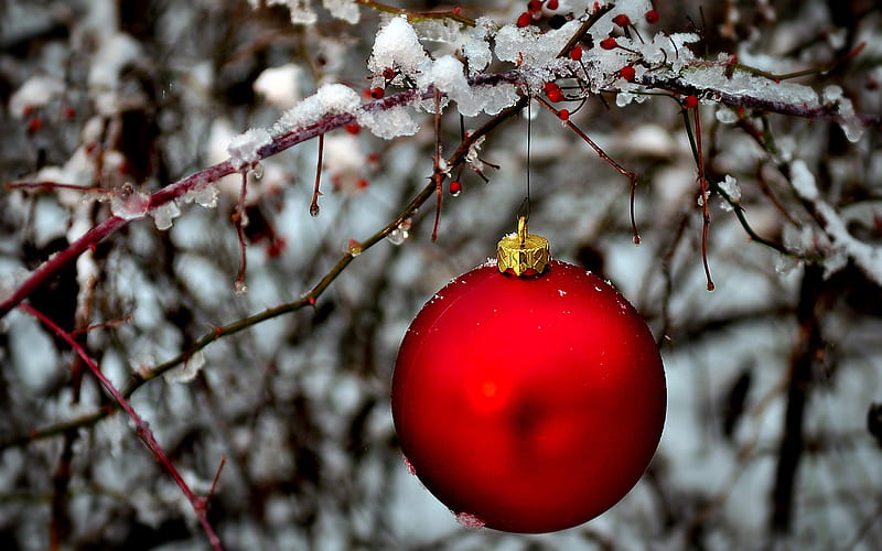 Red Christmas ornaments in snow, HD wallpaper