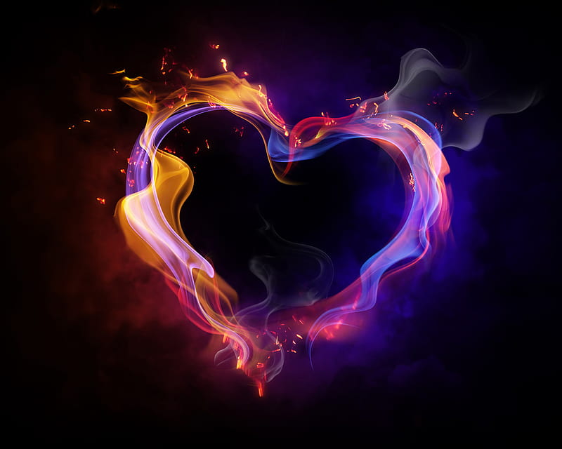 Burning heart, flame, purple, love, heart, yellow, blue, HD wallpaper