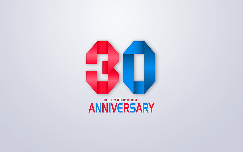 30th Anniversary sign, origami anniversary symbols, blue red origami digits, White background, origami numbers, 30th Anniversary, creative art, 30 Years Anniversary, HD wallpaper
