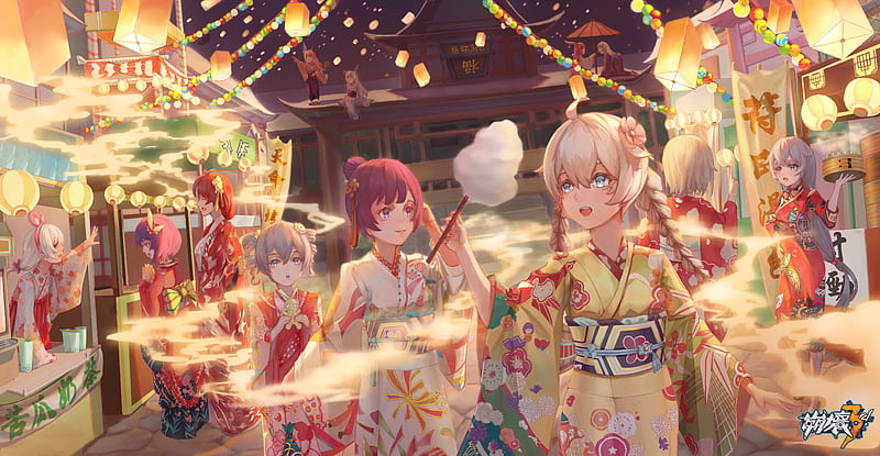 Festival, girl, syhio, cotton candy, manga, kimono, HD wallpaper