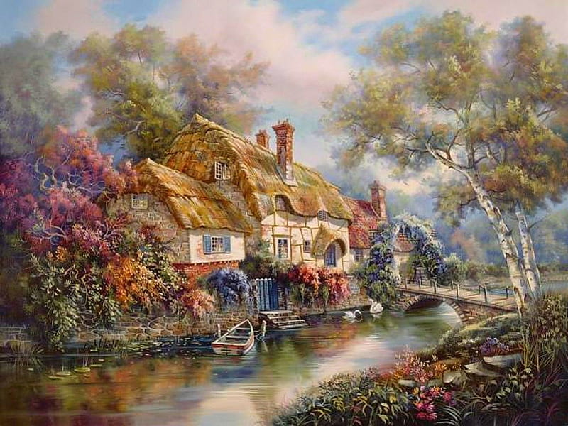 Beautiful Cottage, stream, house, lovely, cottage, colors, bonito, trees, water, nature, HD wallpaper