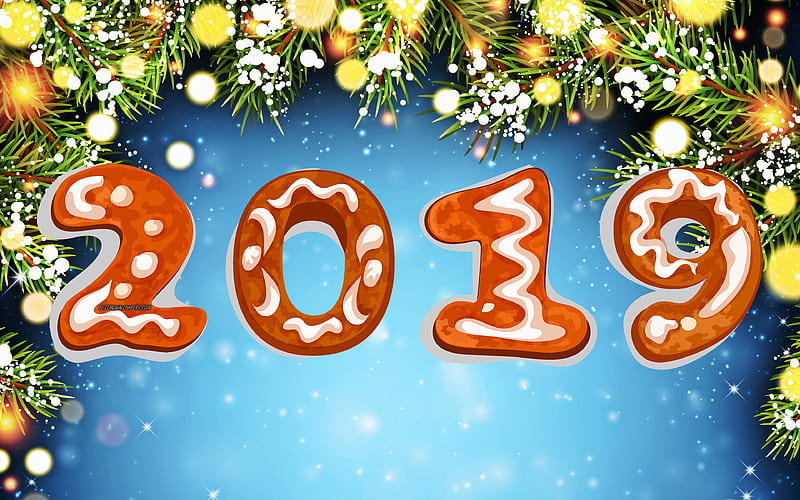 2019 year, cookie digits, creative, blue background, 2019 concepts, xmas decorations, Happy New Year 2019, HD wallpaper