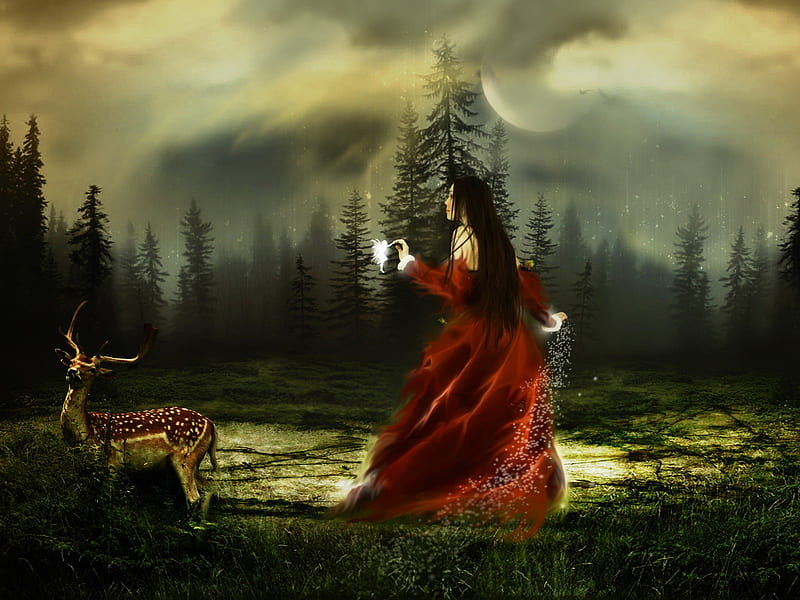 Just A Dream, forest, elf, abstract, woman, deer, alone, fantasy, 3d, girl, HD wallpaper