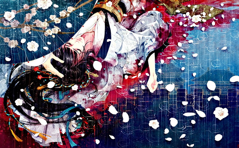 In the rain, red, art, japanese, umbrella, woman, fantasy, water, girl, ibuki satsuki, anime, water drops, petals, chinese, rain, blue, HD wallpaper