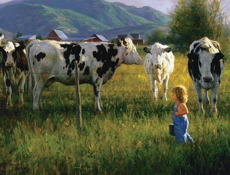 Good morning to all, art, cow, grass, animal, farm, green, little girl, painting, pictura, HD wallpaper