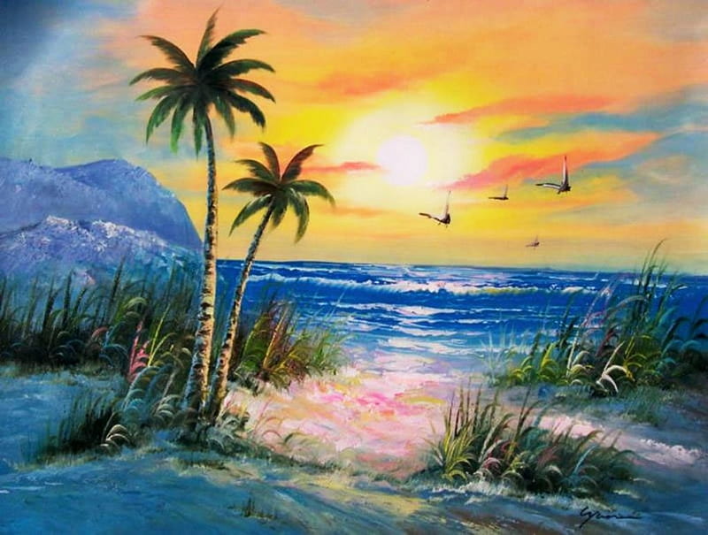 Just a Little Bit Tropics, beach, artwotk, sun, painting, sunset, sea, palms, HD wallpaper