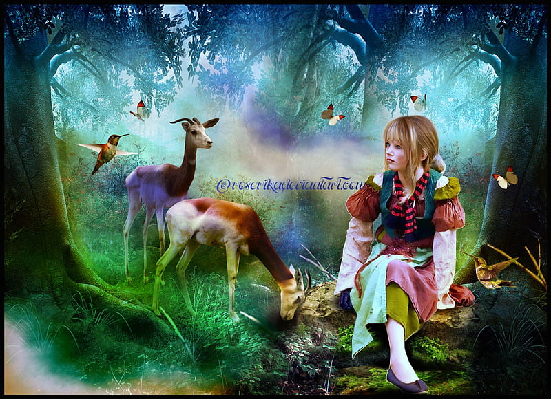 ✰The Gazelles of the Forests✰, pretty, children, adorable, sweet, fantasy, flutter, grasses, love, bright, flowers, forests, face, child, kids, wings, lovely, birds, lips, trees, cute, gazelles, cool, goats, eyes, colorful, manipulation, woods, charm, bonito, digital art, hair, wild, people, girls, animals, female, colors, butterflies, plants, nature, HD wallpaper