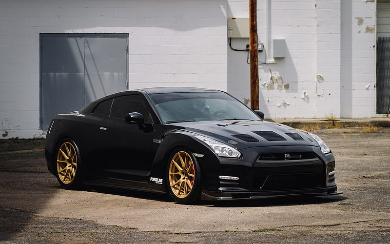 Nussan GT-R, sports coupe, bronze wheels, Forgeline, tuning GT-R, Japanese sports cars, Black GTR, Nussan, HD wallpaper
