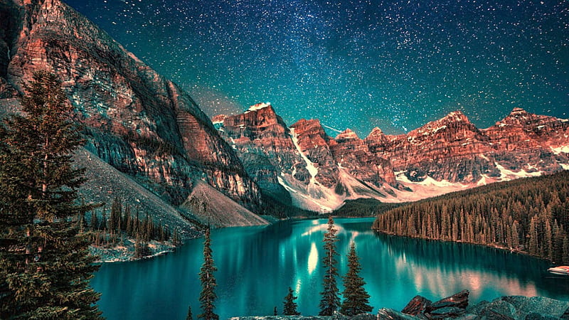 stars over wonderful landscape in green hue, forest, stars, green, mountains, lake, night, HD wallpaper