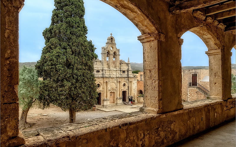 colonnade, monastery of arkadi, arch, crete, HD wallpaper