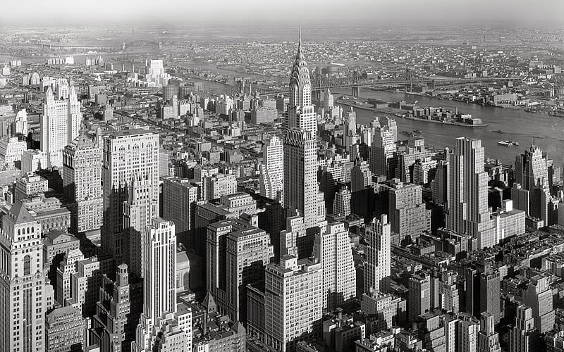 vintage view of nyc in grayscale, city, bridges, river, vintage, skyscrapers, HD wallpaper
