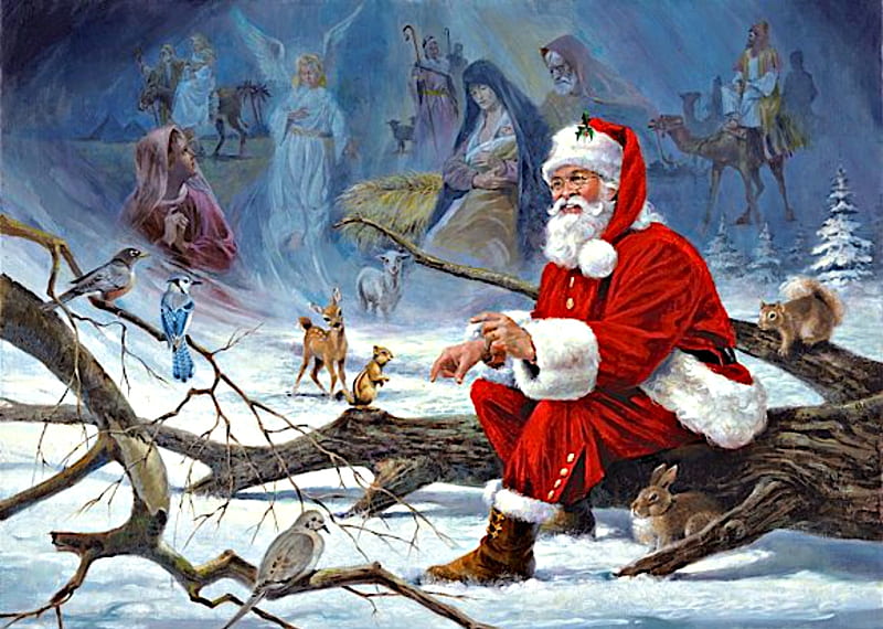 Christmas Story, Christmas, Angels, Baby Jesus, Santa, Clause, Animals, HD wallpaper