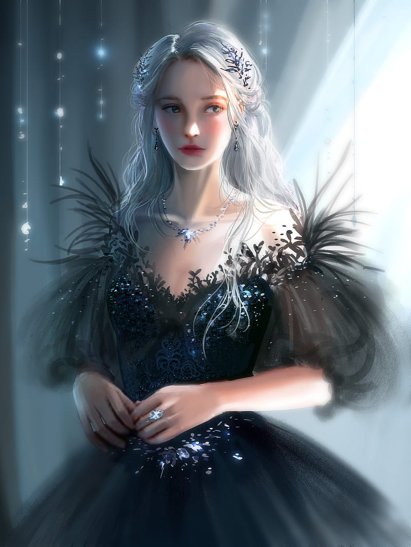 Christina Wu, white hair, blonde, looking at the side, women, looking away, portrait display, dress, drawing, artwork, digital painting, digital art, ArtStation, HD phone wallpaper