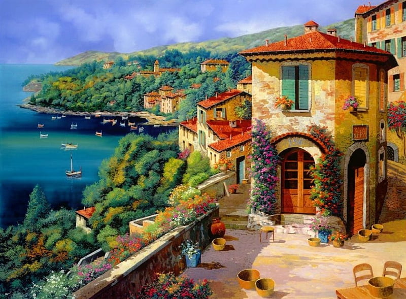 Coastal view, rest, art, view, houses, town, bonito, sea, boats, painting, summer, peaceful, village, coast, HD wallpaper