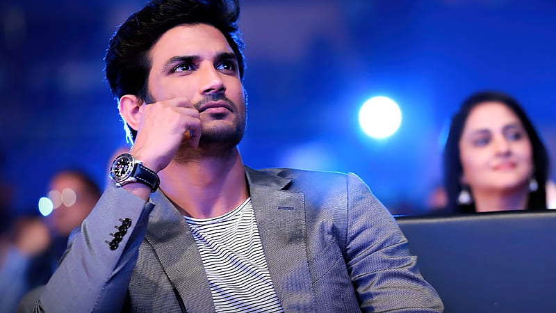 Sushant Is Wearing Black White Striped T-Shirt And Ash Overcoat In Blue Background Sushant Singh Rajput, HD wallpaper
