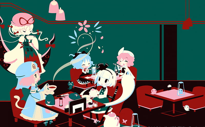 Cafe de Touhou, vector art, cafe, yuyuko, lamps, youmu, chibi, ghost, touhou, byakuren, Gothic, cups, HD wallpaper