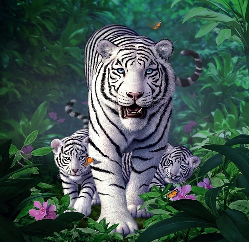 White tiger family, family, luminos, tiger, animal, fantasy, vara, green, jerry lofaro, summer, cub, tigru, white, HD wallpaper