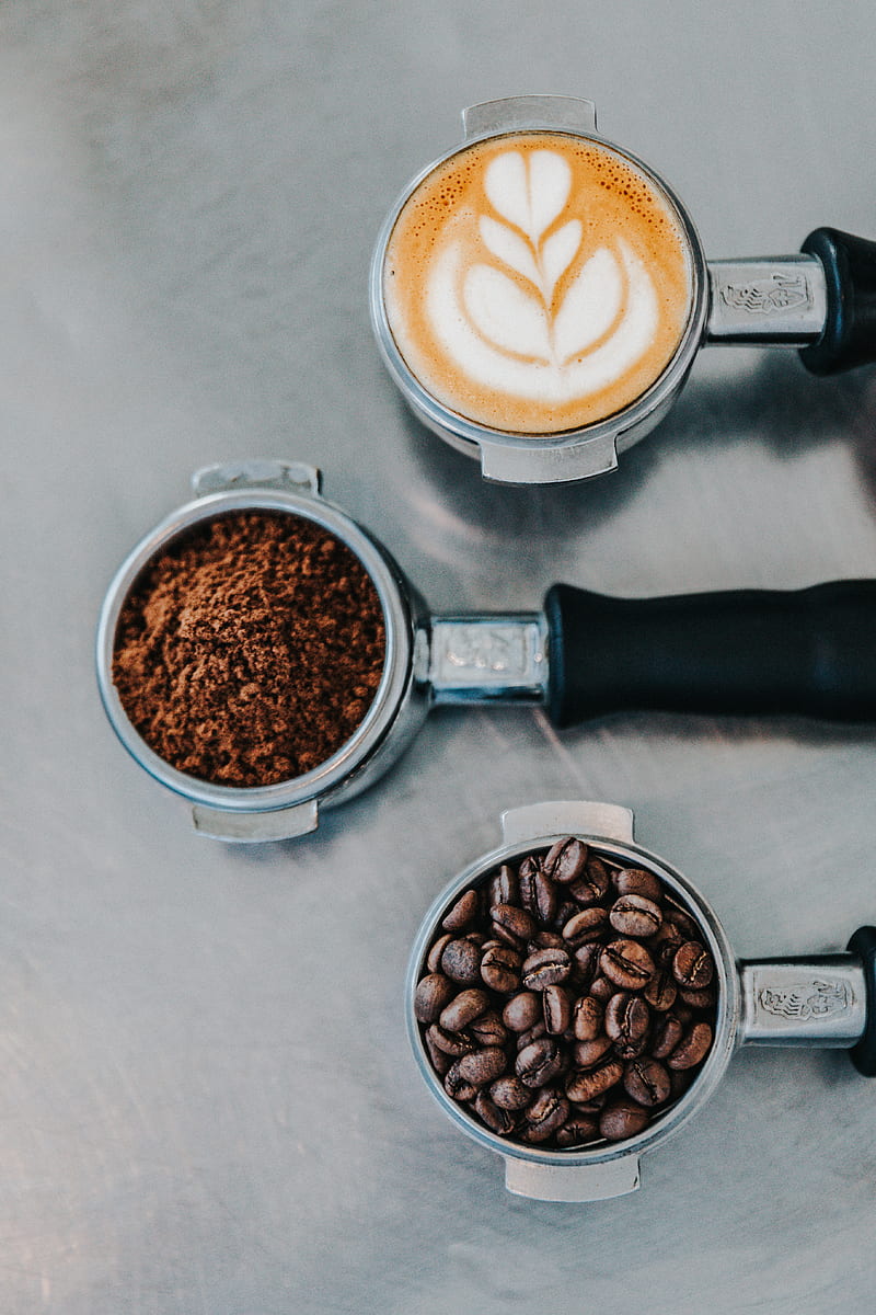 flat lay graphy of coffee latte, ground coffee, and coffee beans, HD phone wallpaper