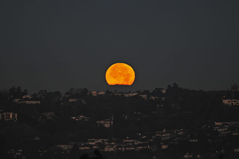 Moonset, moon, orange, darkness, houses, at night, light, HD wallpaper